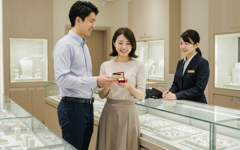 ジュエリーショップで指輪の決済をしようとしているカップルの画像