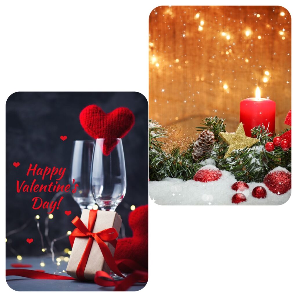 キャンドルが灯るクリスマスシーンとグラスにハートが浮かぶバレンタインの様子