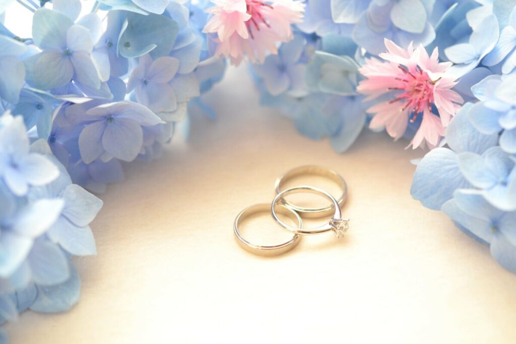 結婚指輪の上に重なっている婚約指輪