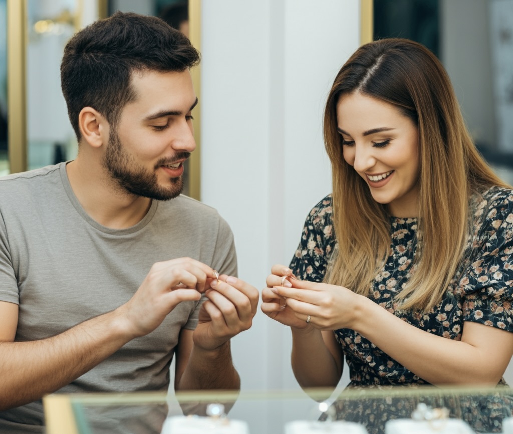 結婚指輪をカスタムオーダーを選んでいる夫婦