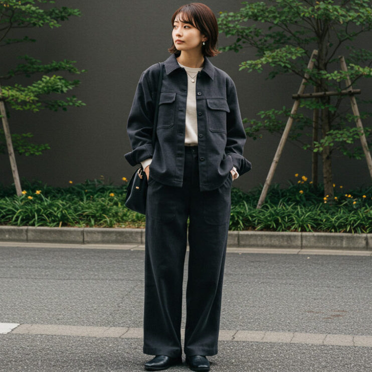 黒いジャケットスタイルの女性の画像