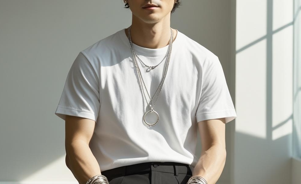 シルバーアクセサリーでおしゃれをしている男性