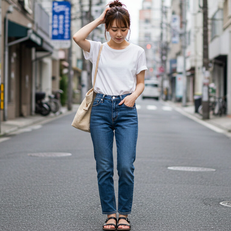 デニム　Tシャツのカジュアルなファッションの女性の画像