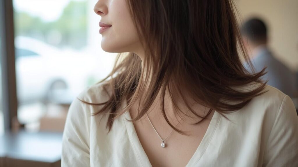 一粒ダイヤの婚約ネックレスをつけた女性の画像