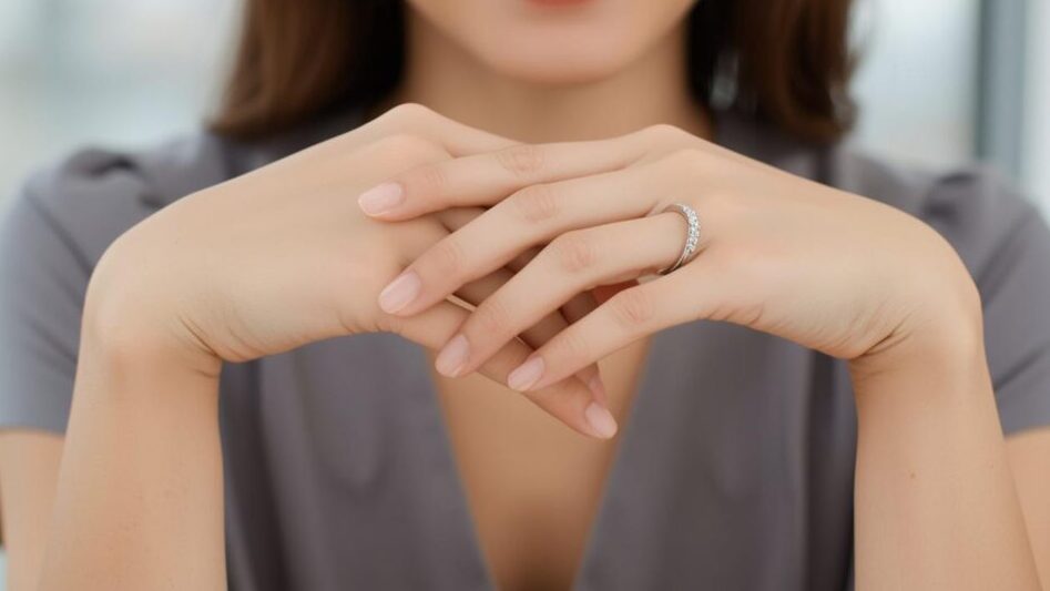 キラキラの結婚指輪をつけている女性