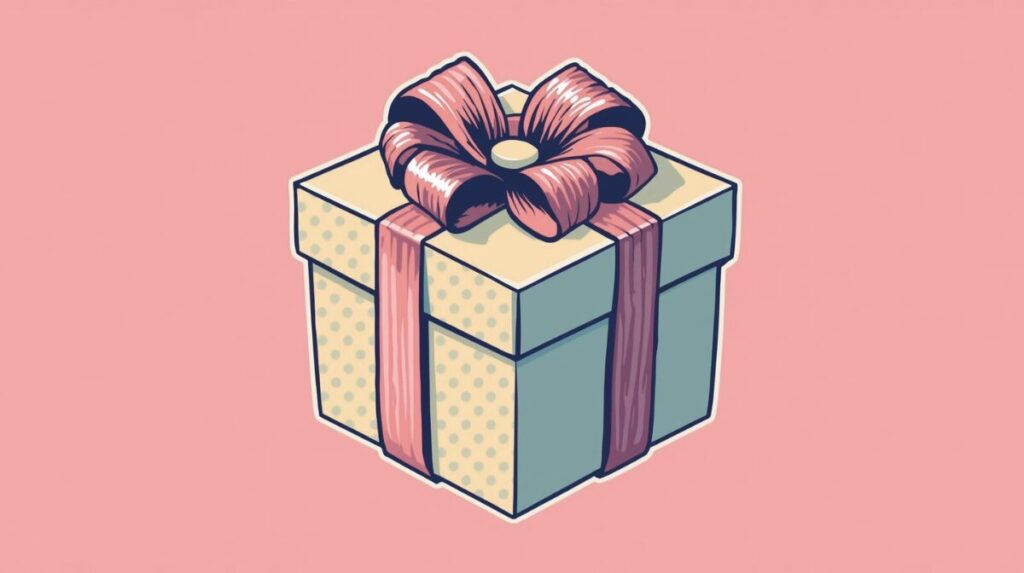 プレゼントボックスのイラスト。ピンクのリボンが巻かれている