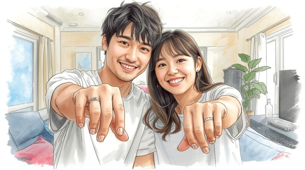 結婚指輪をつけているカップル