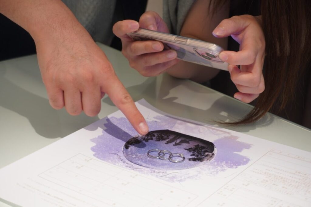 指輪の記念写真を撮るカップル