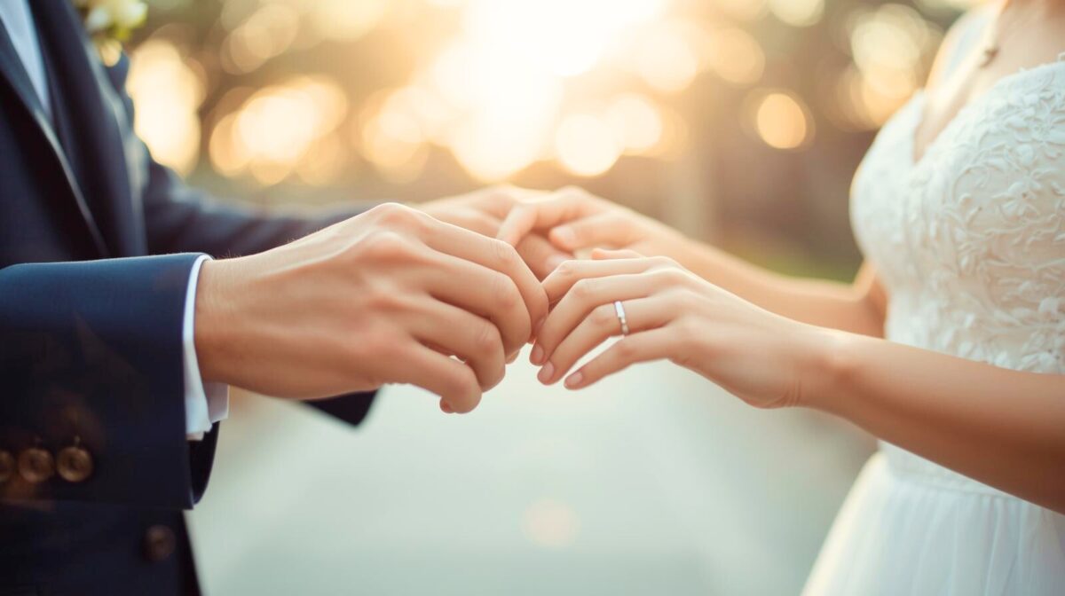 手を取り合うカップルの手元