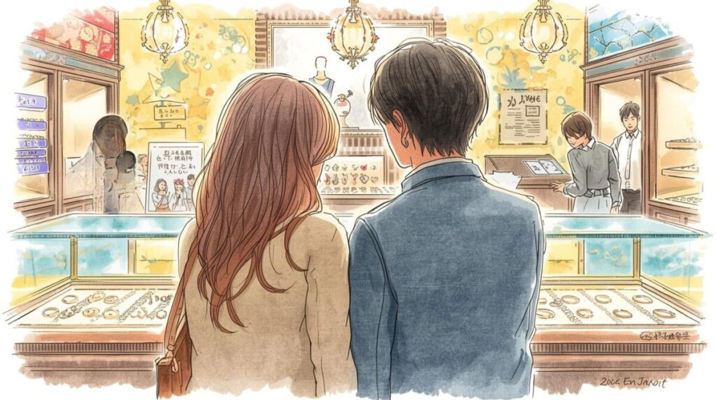 結婚指輪選びをするカップル