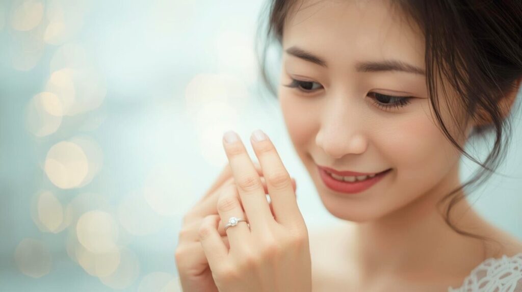 指輪をつけて微笑む女性