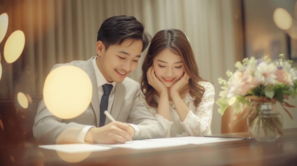 婚姻届を記入しているカップル