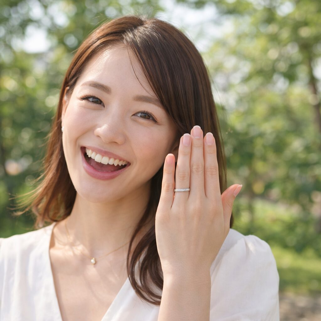 結婚指輪をつけて喜んでいる女性