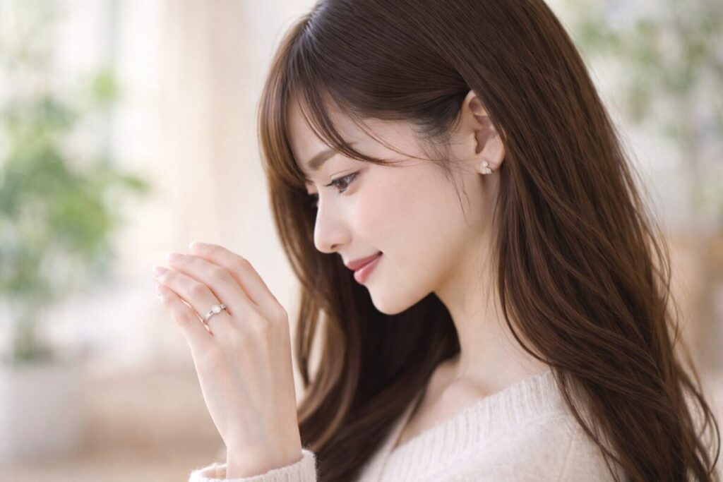 婚約指輪を見つめる女性