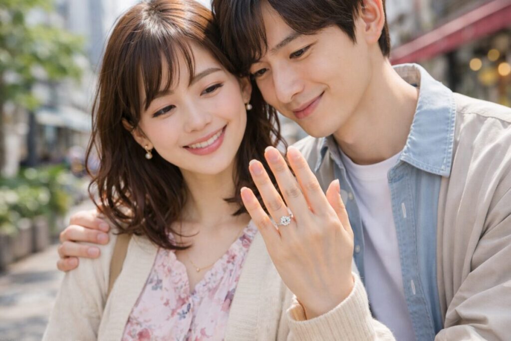 婚約指輪をつけて微笑むカップル