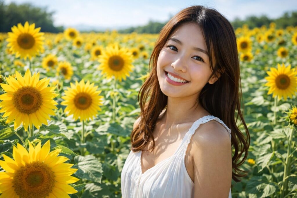 ひまわり畑で微笑む女性