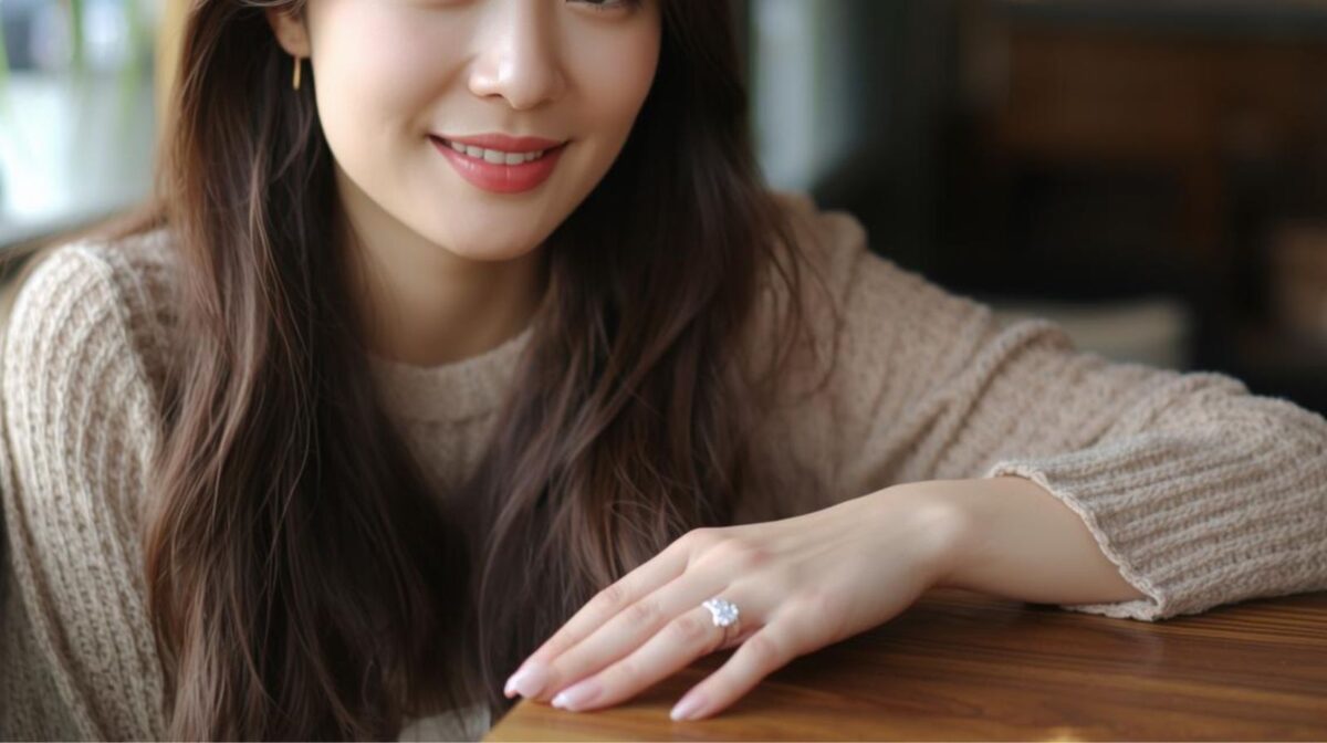婚約指輪をつけた女性