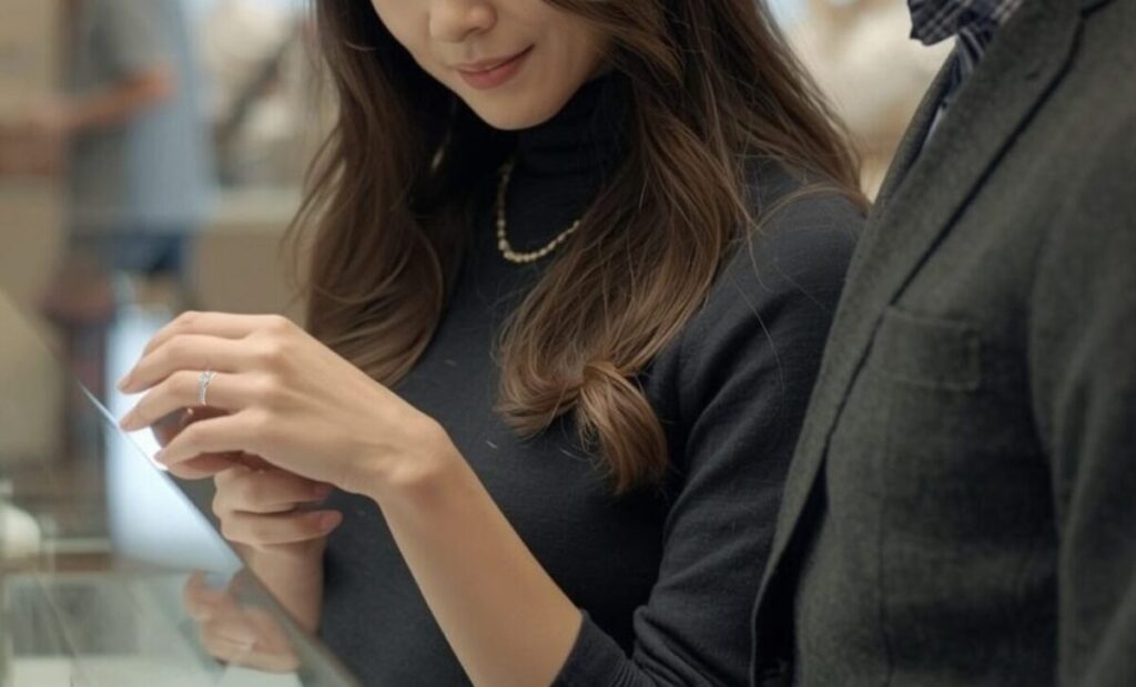 婚約指輪を試着しているカップル
