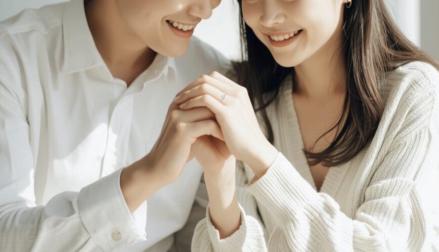 婚約指輪を見つめて笑顔のカップル