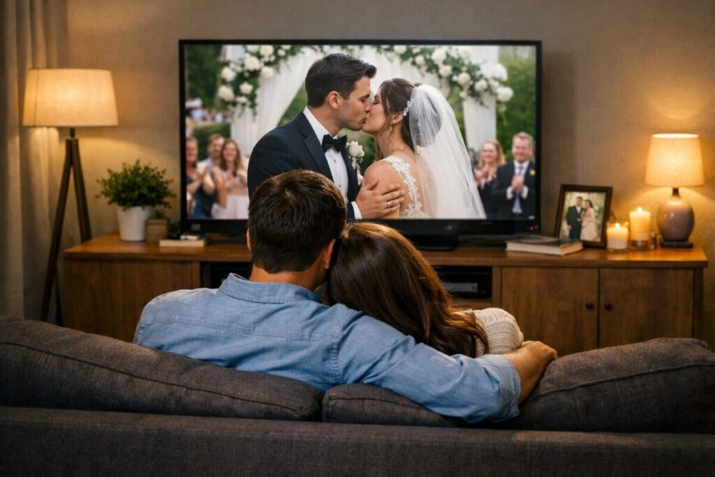 結婚式の映像を振り返る夫婦