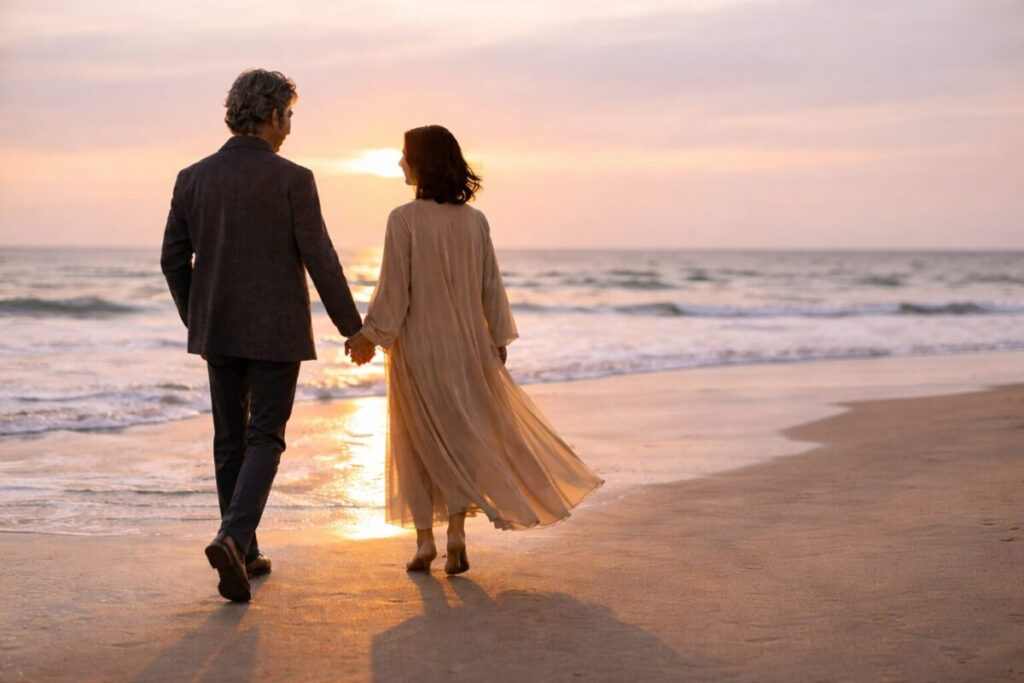 海辺を歩くカップル