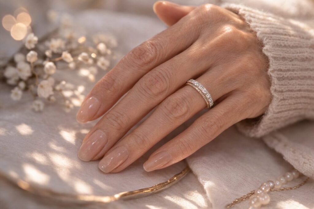 エタニティリングをつけた女性の手元