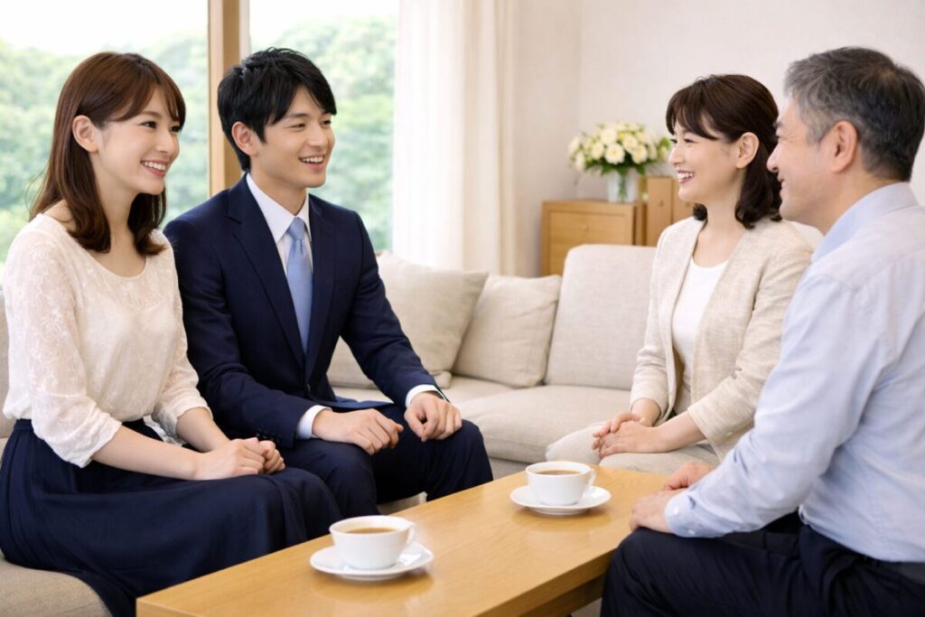 結婚挨拶で談笑しているカップルと親