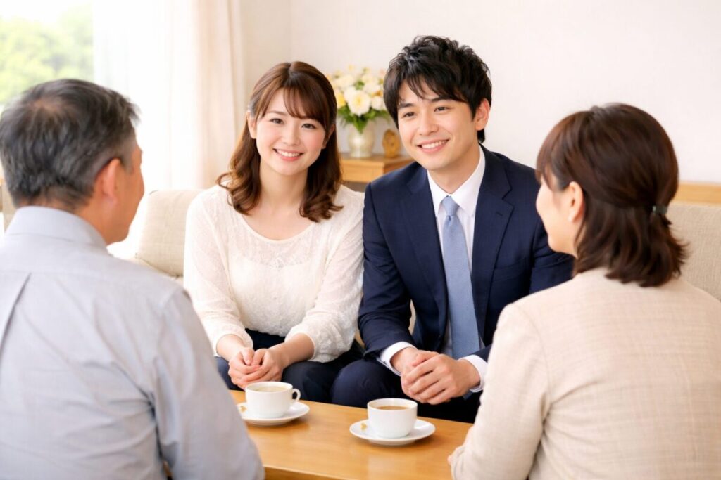 結婚挨拶後に歓談するカップルと親