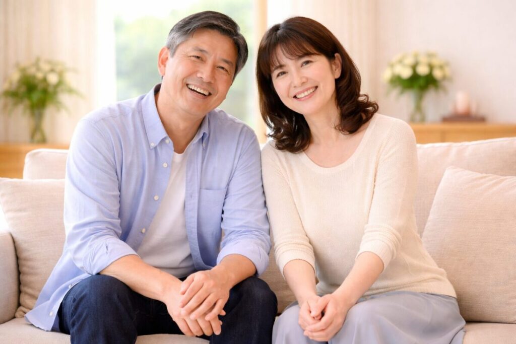 微笑んでいる両親