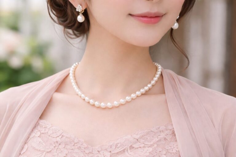 パールのネックレスをつけた女性