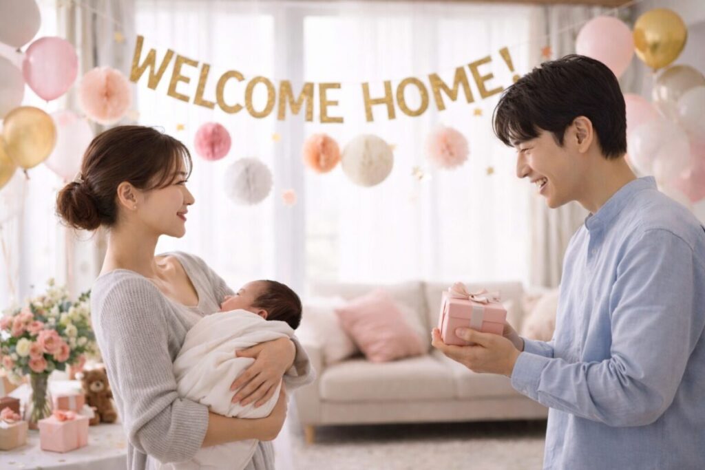出産を終えた女性にプレゼントを用意した男性