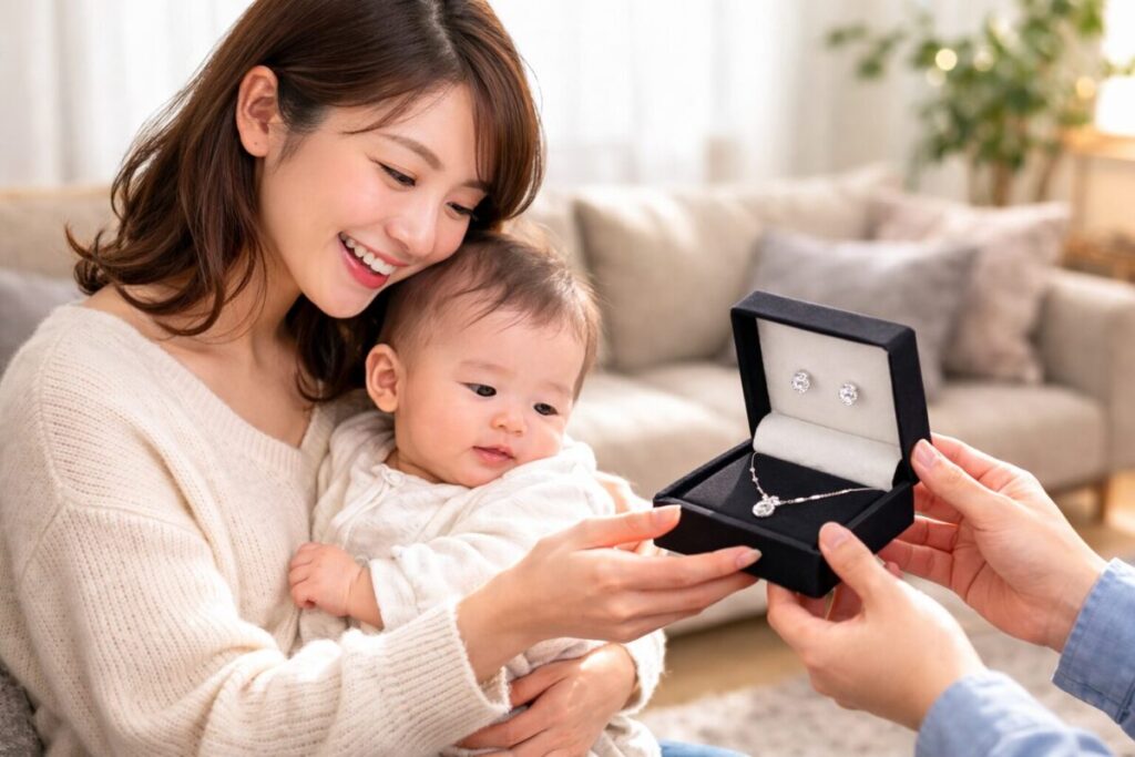 赤ちゃんを抱っこする女性にプレゼントを渡す様子