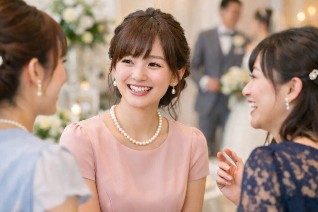 パールのネックレスをつけた女性