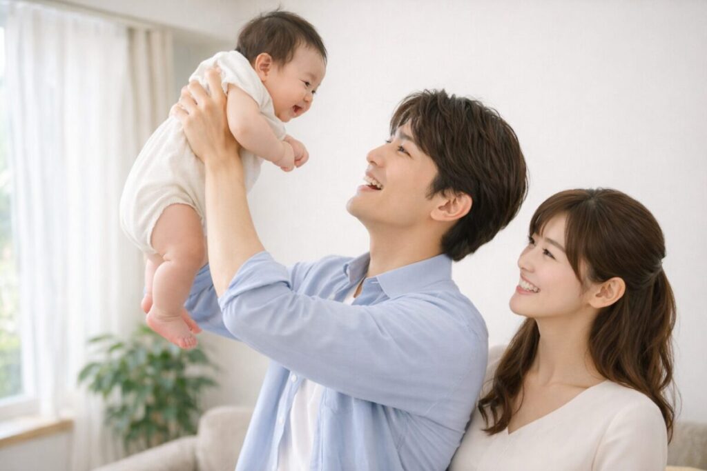 赤ちゃんを抱っこするパパとママ