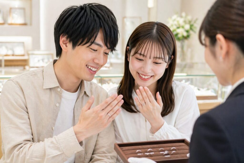 結婚指輪を試着するカップル