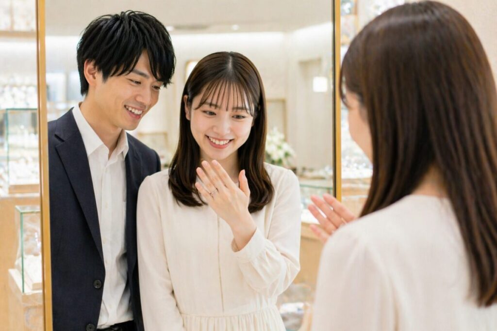 結婚指輪を試着するカップル