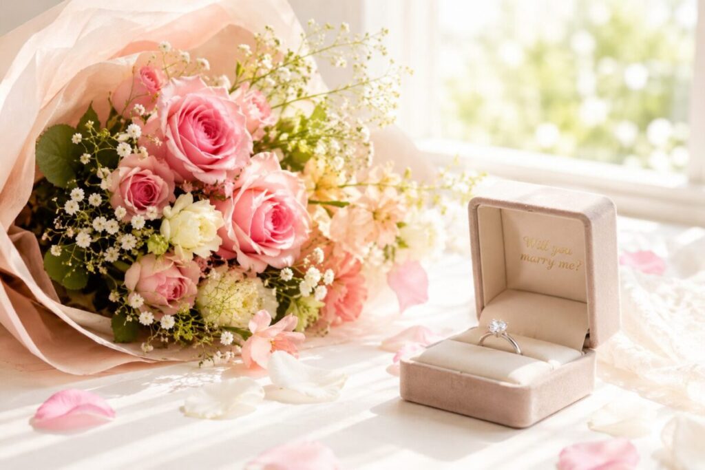 女性が憧れる婚約指輪と花束