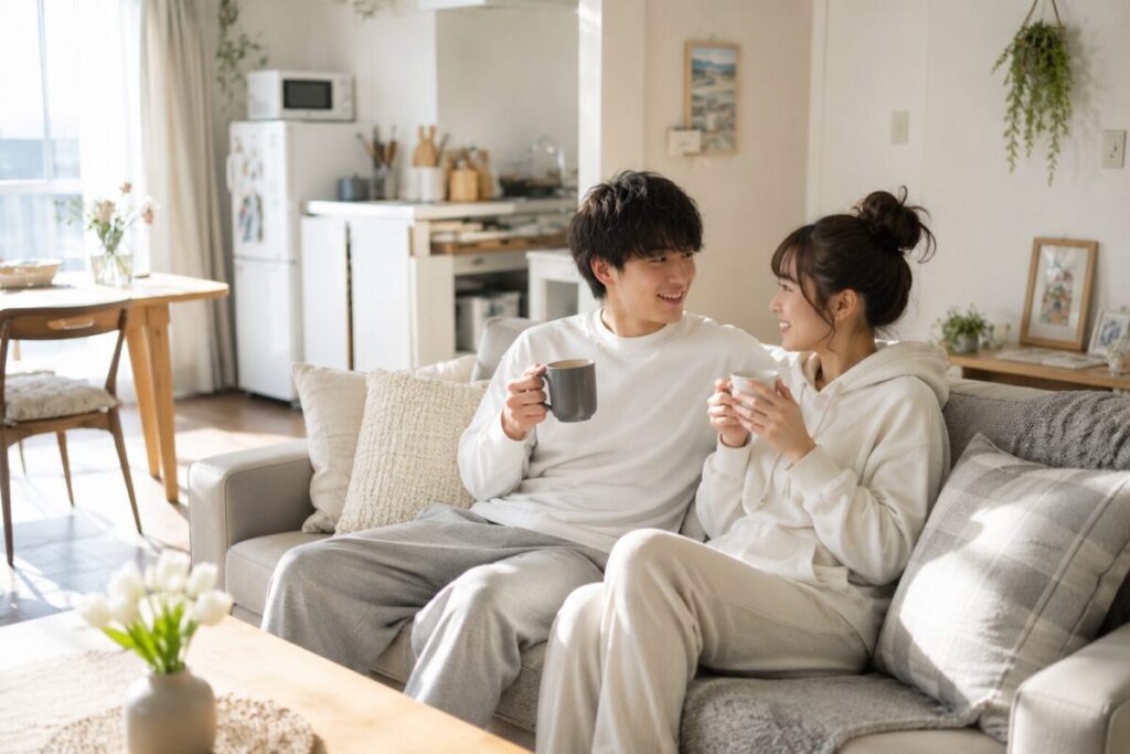 家でくつろぐカップル