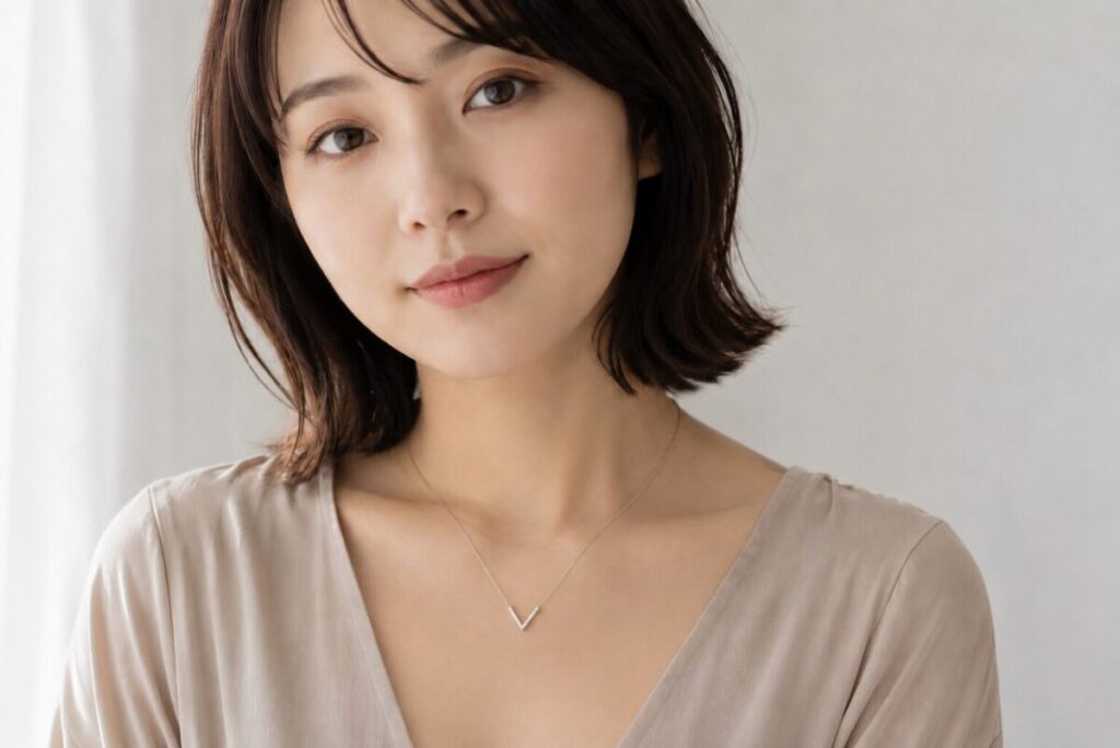 丸顔の女性がネックレスをつけているイメージ