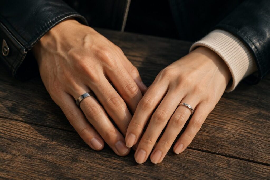 結婚指輪をつけたカップルの手元
