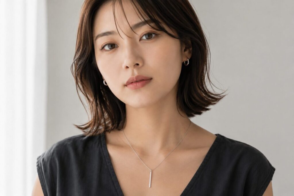 ベース顔の女性がネックレスをつけているイメージ