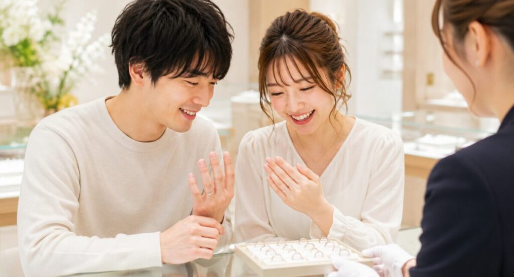 結婚指輪を試着するカップル