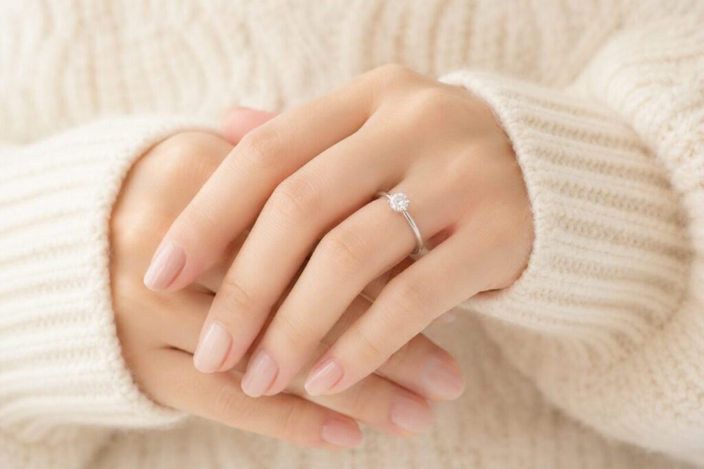 婚約指輪をつけた女性の手元