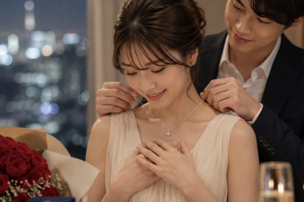 男性が女性に後ろから婚約ネックレスをつけてあげている様子