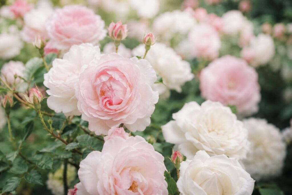 白やピンクの薔薇の花