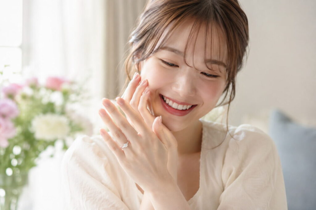 婚約指輪をつけて嬉しそうな女性