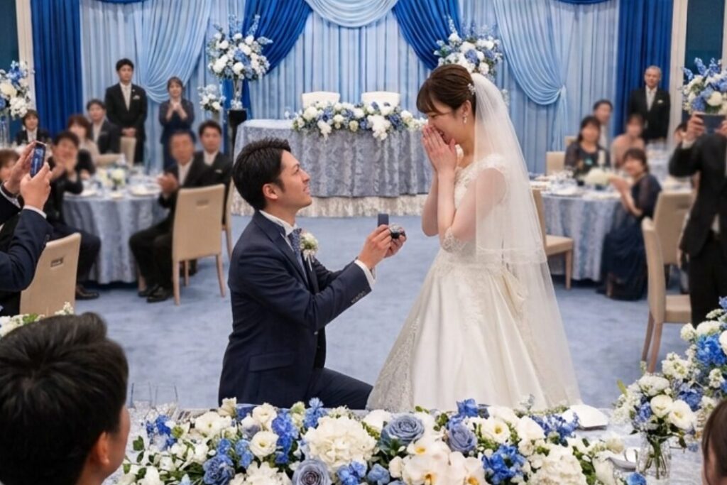 結婚披露宴でプロポーズをする新郎