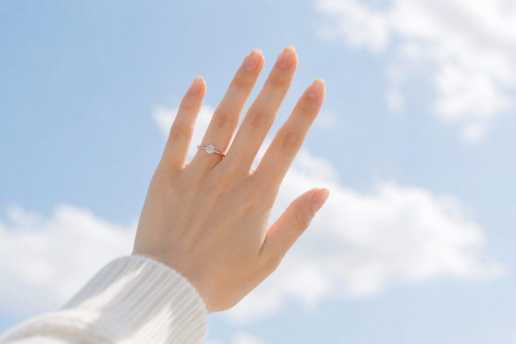 婚約指輪をつけた女性の手元