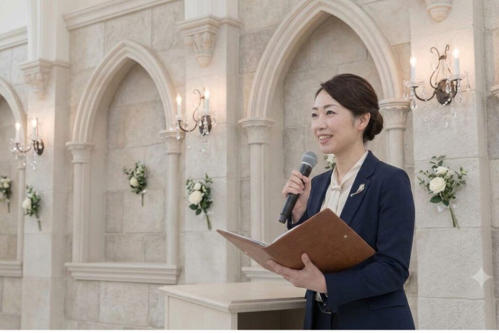 結婚式の司会をしている女性