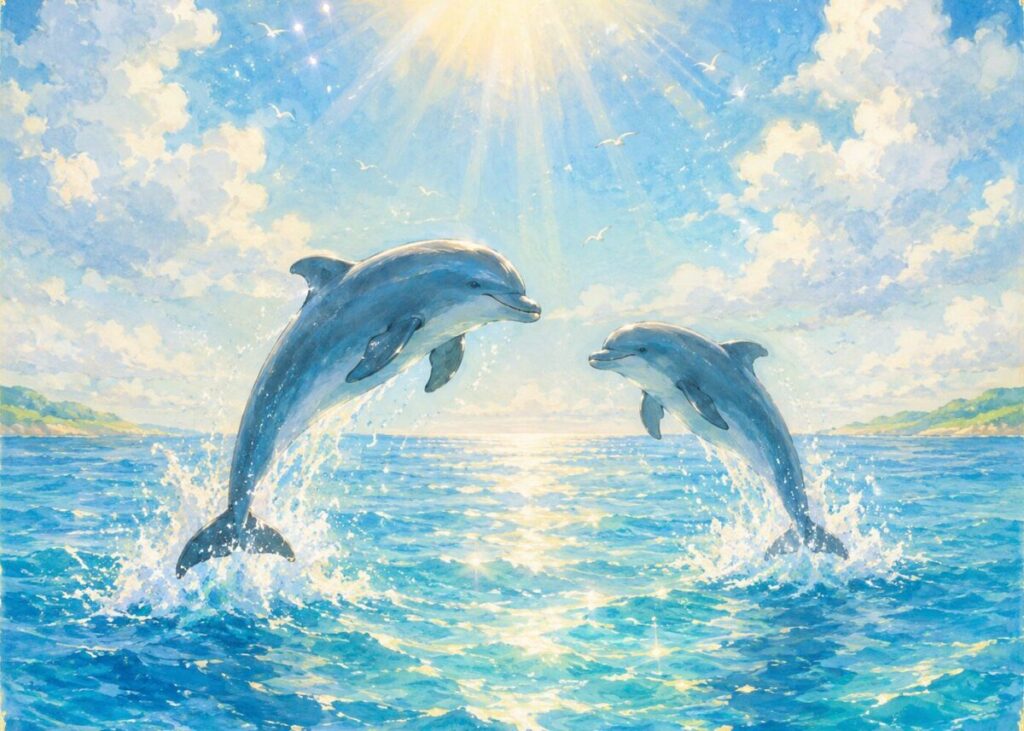 陽の光がさす海で戯れる２匹のイルカを描いたイラスト